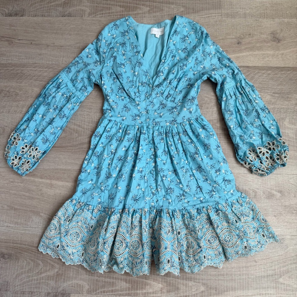 A Collective Story Floral Mini Dress Blue Eyelet Babydoll Boho, size M